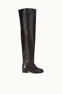 Over-the-knee boots, dark espresso distressed leather, rounded toe, low block heel