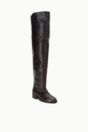 Over-the-knee boots, dark espresso distressed leather, side view, low block heel