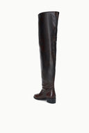 Over-the-knee boots, dark espresso distressed leather, rear angle, low block heel