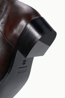 Over-the-knee boot heel and outsole, dark espresso distressed leather, block heel