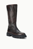 Tall leather riding boots with espresso brown finish and thick treaded rubber sole