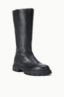 Black tall leather boot with lug sole and side pull tab