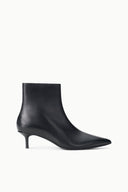 Black kitten-heel ankle boot with smooth leather-look finish and pointed toe