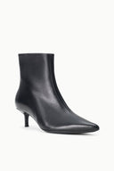 Black kitten-heel ankle boot with smooth upper and short, slim heel