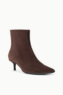 SEBASTIAN AKL dark espresso suede ankle boot with a slim kitten heel