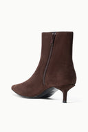 SEBASTIAN AKL suede ankle boot, dark espresso, side zipper and kitten heel