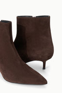 SEBASTIAN AKL dark espresso suede ankle boot with side zipper and pointed toe