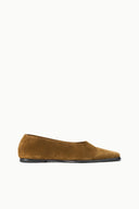 Single suede flat slip-on loafer in cigar brown, side profile
