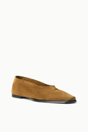 Suede flat slip-on loafers in cigar brown with low profile sole
