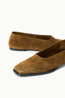Suede flat slip-on loafers in cigar brown, close-up view