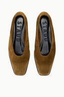 Pair of suede flat slip-on loafers in cigar brown with cushioned lining