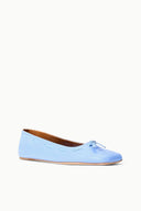 Light blue flat ballet shoes with bow at toe and low-profile sole