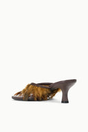 Espresso kitten-heel mule with brown leather upper and golden faux-fur trim