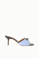Light blue suede mule with dark peep toe, lace-up detail, slim high heel
