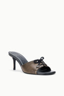 Black and dark distressed mule with lace-up vamp and slim stiletto heel