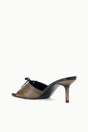 Black and taupe distressed mule slide with lace bow and high stiletto heel
