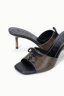 Distressed black mule sandal with lace front and open toe