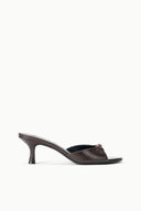 Espresso snake-print mule slide with open toe and stiletto heel