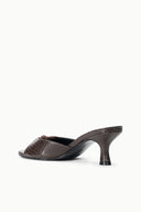 Espresso snake-print mule with open toe and curved stiletto heel