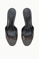 Espresso snake-print mules pair, open toe view with cushioned footbed