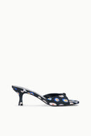 Black fabric mule with floral print, low kitten heel and open back slide