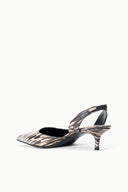 Slingback pointed-toe kitten heel with open back and quill-pattern leather
