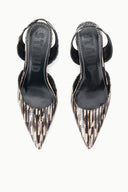 Pointed-toe slingback heels, black leather with beige quill-pattern