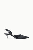 Black snake-texture slingback mule with pointed toe and curved stiletto heel