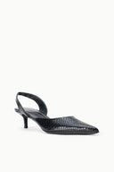 Black snake-texture slingback pump, pointed toe, slim heel, open slingback strap