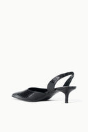 Black snake-texture slingback pump with pointed toe and slender stiletto heel