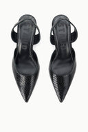 Pair of black snake-texture slingback pumps with pointed toes and thin heels