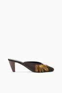 Espresso brown mule with gold feather-trim detail and mid-height block heel
