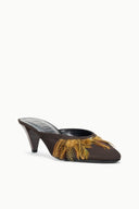 Espresso brown mule with open toe and gold feather-trim on the vamp
