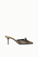 Black distressed mule with pointed toe, slim stiletto heel, and lace-up bow detail