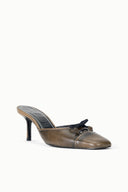 Black distressed mule with pointed toe, slim stiletto heel, and lace-up bow vamp detail