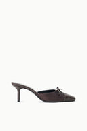 Espresso snake-pattern mule with tapered toe, lace-up vamp, and stiletto heel.