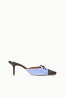 FAYE mule with light blue suede upper, dark textured toe, lace bow, stiletto heel