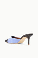 FAYE mule light blue suede with dark textured toe, bow detail, mid stiletto heel