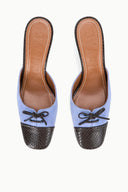 FAYE mule pair: light blue suede with dark textured toe and bow laces on slim heels