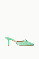 Seafoam green mule heel with pointed toe, tie bow vamp, textured low profile sole