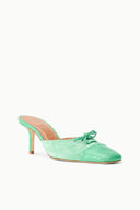 Seafoam green suede mule with pointed toe, lace-up bow, slender high stiletto heel