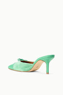 Seafoam green mule slingback style with pointed toe, tie bow, slim stiletto heel