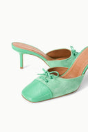 Seafoam green mule pair, pointed toe, tie bow detail, suede upper and stiletto heel