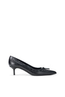 Black leather kitten heel pump with bow detail, side profile view