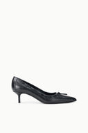 Black kitten heel pump with pointed toe, bow detail, and stitching on upper.