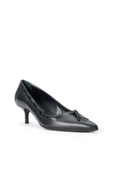 Black leather kitten heel pump, pointed toe and small heel, angled view