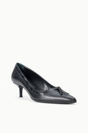 Black pointed-toe kitten heel pump with lace-up bow at the vamp.