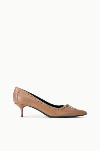 Tan pointed-toe kitten heel pump with bow-tied tassel detail