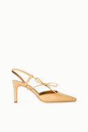 INEZ heel sandals in cashew tan, open toe, ankle-tie straps, block heel