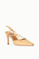 Cashew tan INEZ heel sandals with open toe, crisscross ankle ties, slender heel